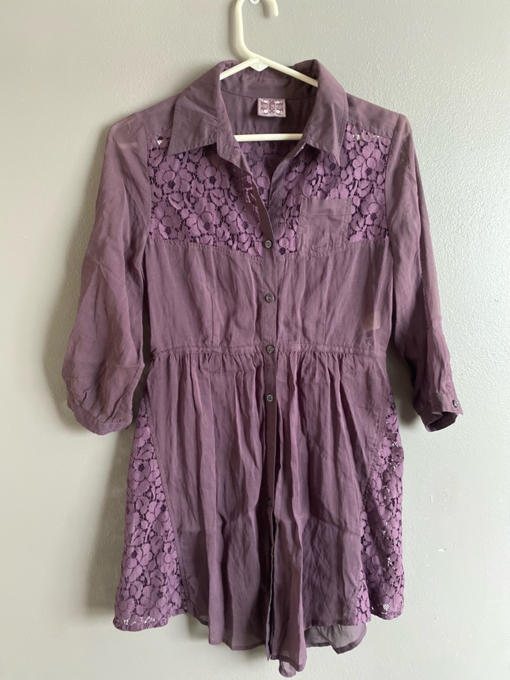 Free People Purple Lace Panel Button-Front Tunic Dress Blouse size 2